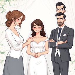 A contemporary romantic illustration showing a wedding scene with three main characters at the center