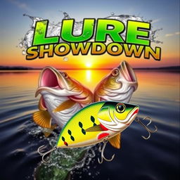 A dynamic and captivating thumbnail featuring a big, realistic bass fish emerging from the water, with a Jitterbug lure prominently displayed in front of it