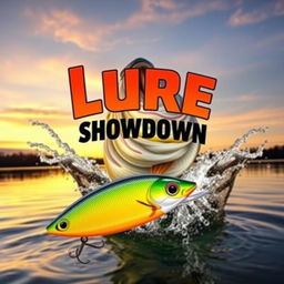 A dynamic and captivating thumbnail featuring a big, realistic bass fish emerging from the water, with a Jitterbug lure prominently displayed in front of it