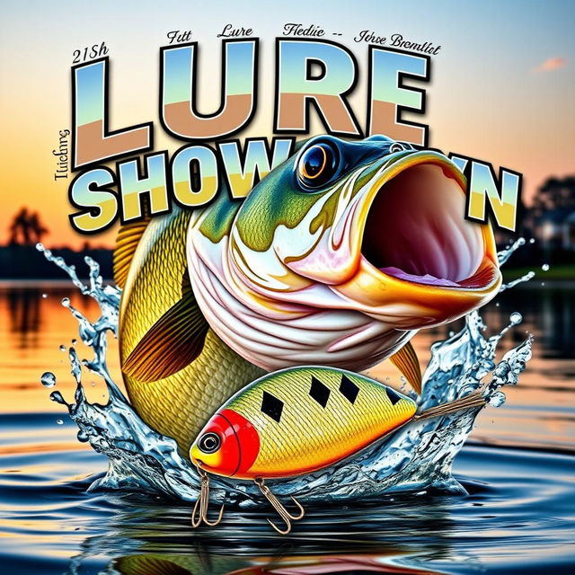 A dynamic and captivating thumbnail featuring a big, realistic bass fish emerging from the water, with a Jitterbug lure prominently displayed in front of it