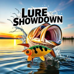 A dynamic and captivating thumbnail featuring a big, realistic bass fish emerging from the water, with a Jitterbug lure prominently displayed in front of it