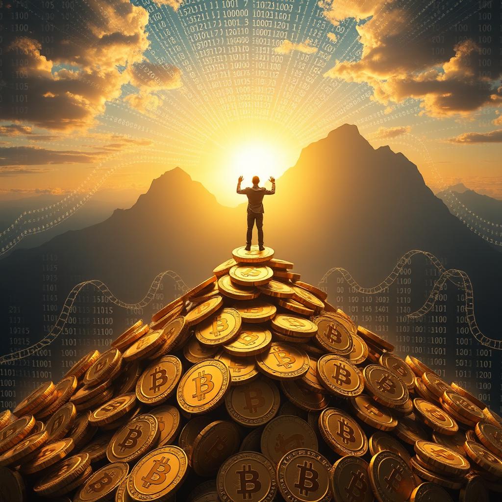 A visionary scene depicting the concept of financial freedom through Bitcoin and cryptocurrency