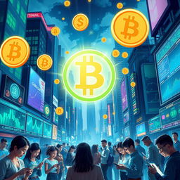 A futuristic cityscape where digital currency icons like Bitcoin and other cryptocurrencies hover in the air, symbolizing financial freedom and innovation