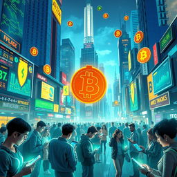 A futuristic cityscape where digital currency icons like Bitcoin and other cryptocurrencies hover in the air, symbolizing financial freedom and innovation