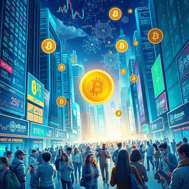 A futuristic cityscape where digital currency icons like Bitcoin and other cryptocurrencies hover in the air, symbolizing financial freedom and innovation