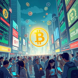 A futuristic cityscape where digital currency icons like Bitcoin and other cryptocurrencies hover in the air, symbolizing financial freedom and innovation