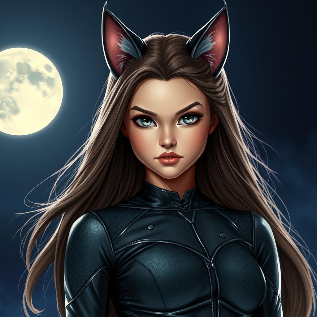 Portrait of a charming young catwoman standing under the bright moonlight