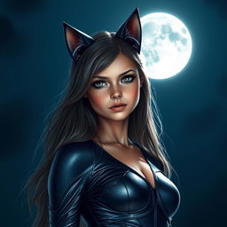 Portrait of a charming young catwoman standing under the bright moonlight