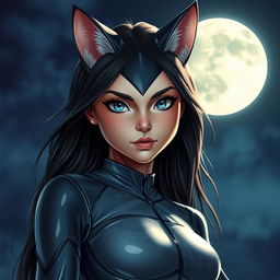 Portrait of a charming young catwoman standing under the bright moonlight