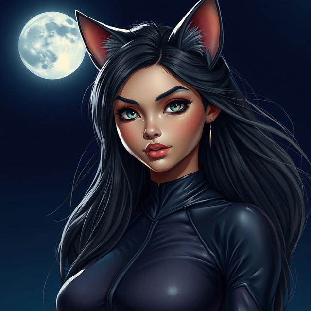 Portrait of a charming young catwoman standing under the bright moonlight