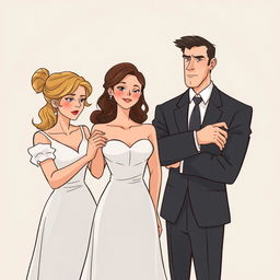 Una ilustración romántica contemporánea que muestra una escena de boda con tres personajes principales en el centro