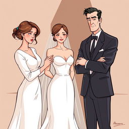 Una ilustración romántica contemporánea que muestra una escena de boda con tres personajes principales en el centro