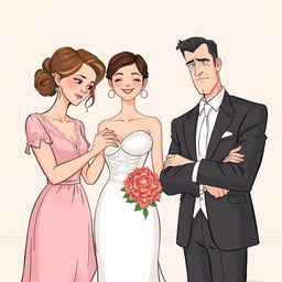 Una ilustración romántica contemporánea que muestra una escena de boda con tres personajes principales en el centro