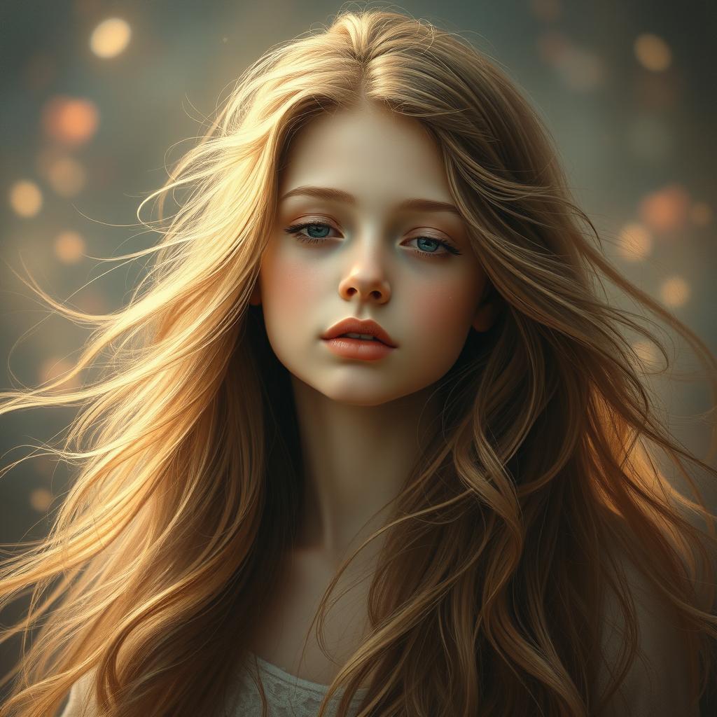 A beautiful girl with flowing hair, depicted in a dreamy, surreal setting