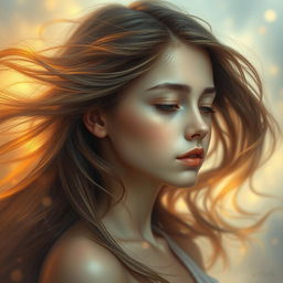 A beautiful girl with flowing hair, depicted in a dreamy, surreal setting