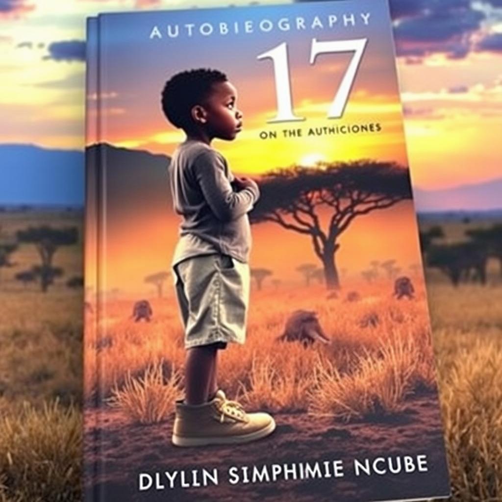 A captivating book cover titled "17, an autobiography by Dylan Simphiwe Ncube" featuring an African child standing in the wild