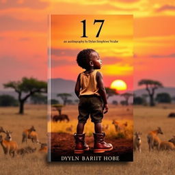 A captivating book cover titled "17, an autobiography by Dylan Simphiwe Ncube" featuring an African child standing in the wild