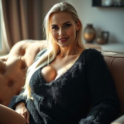 A cozy, intimate portrait of a thin blonde dominatrix with huge fake breasts, sitting on a lush sofa