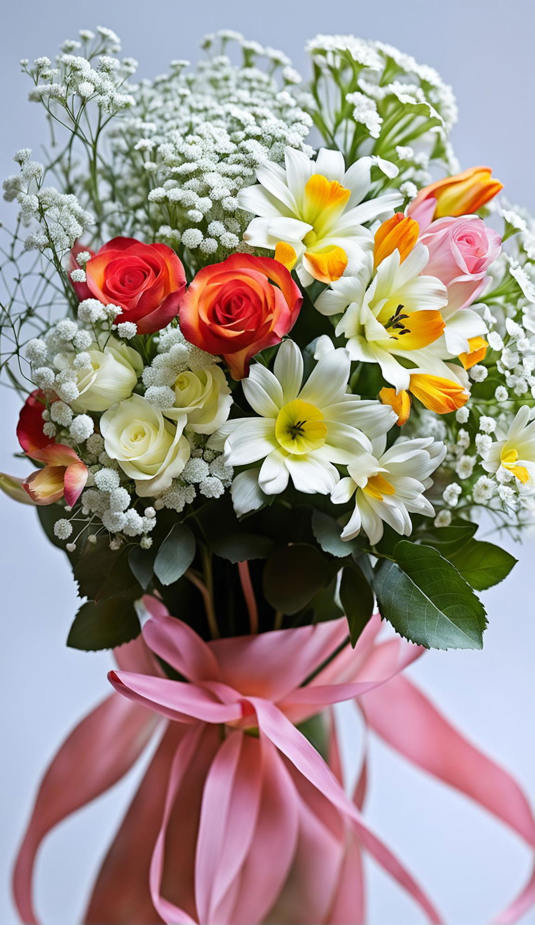 A photograph capturing an intricate bouquet of various types of flowers in different colors, wrapped in a satin ribbon, set against a neutral background.