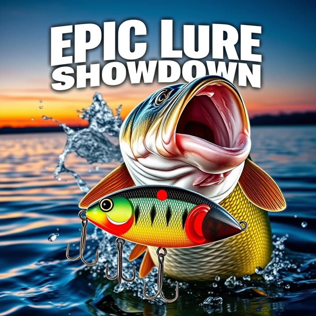 A dynamic and captivating thumbnail featuring a big, realistic bass fish emerging from the water, with a Jitterbug lure prominently displayed in front of it