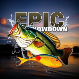 A dynamic and captivating thumbnail featuring a big, realistic bass fish emerging from the water, with a Jitterbug lure prominently displayed in front of it