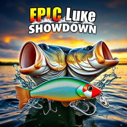 A dynamic and captivating thumbnail featuring a big, realistic bass fish emerging from the water, with a Jitterbug lure prominently displayed in front of it