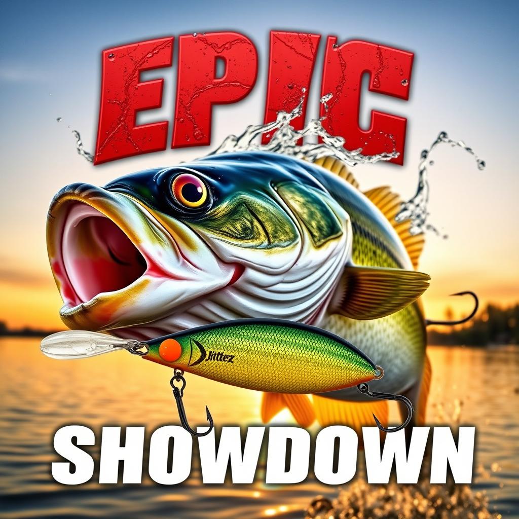 A dynamic and captivating thumbnail featuring a big, realistic bass fish emerging from the water, with a Jitterbug lure prominently displayed in front of it