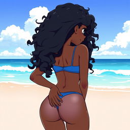 A cute anime-style girl with black skin at the beach