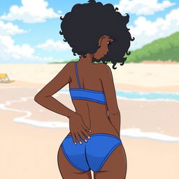 A cute anime-style girl with black skin at the beach