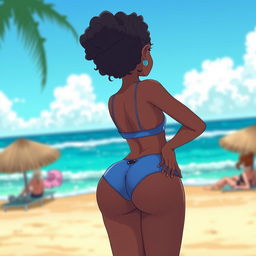 A cute anime-style girl with black skin at the beach