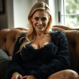 A cozy, intimate portrait of a thin blonde dominatrix with huge breasts, sitting on a luxurious sofa