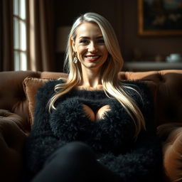 A cozy, intimate portrait of a thin blonde dominatrix with huge breasts, sitting on a luxurious sofa