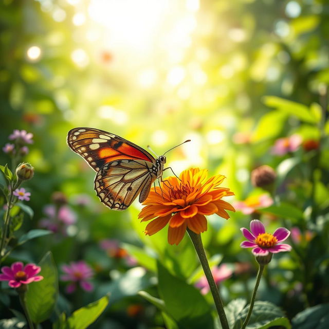 A realistic butterfly perched delicately on a vibrant flower in a lush, green natural setting