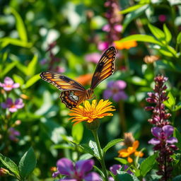 A realistic butterfly perched delicately on a vibrant flower in a lush, green natural setting