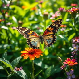 A realistic butterfly perched delicately on a vibrant flower in a lush, green natural setting