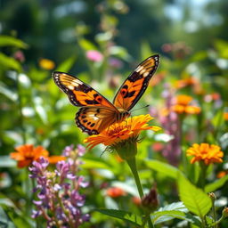 A realistic butterfly perched delicately on a vibrant flower in a lush, green natural setting