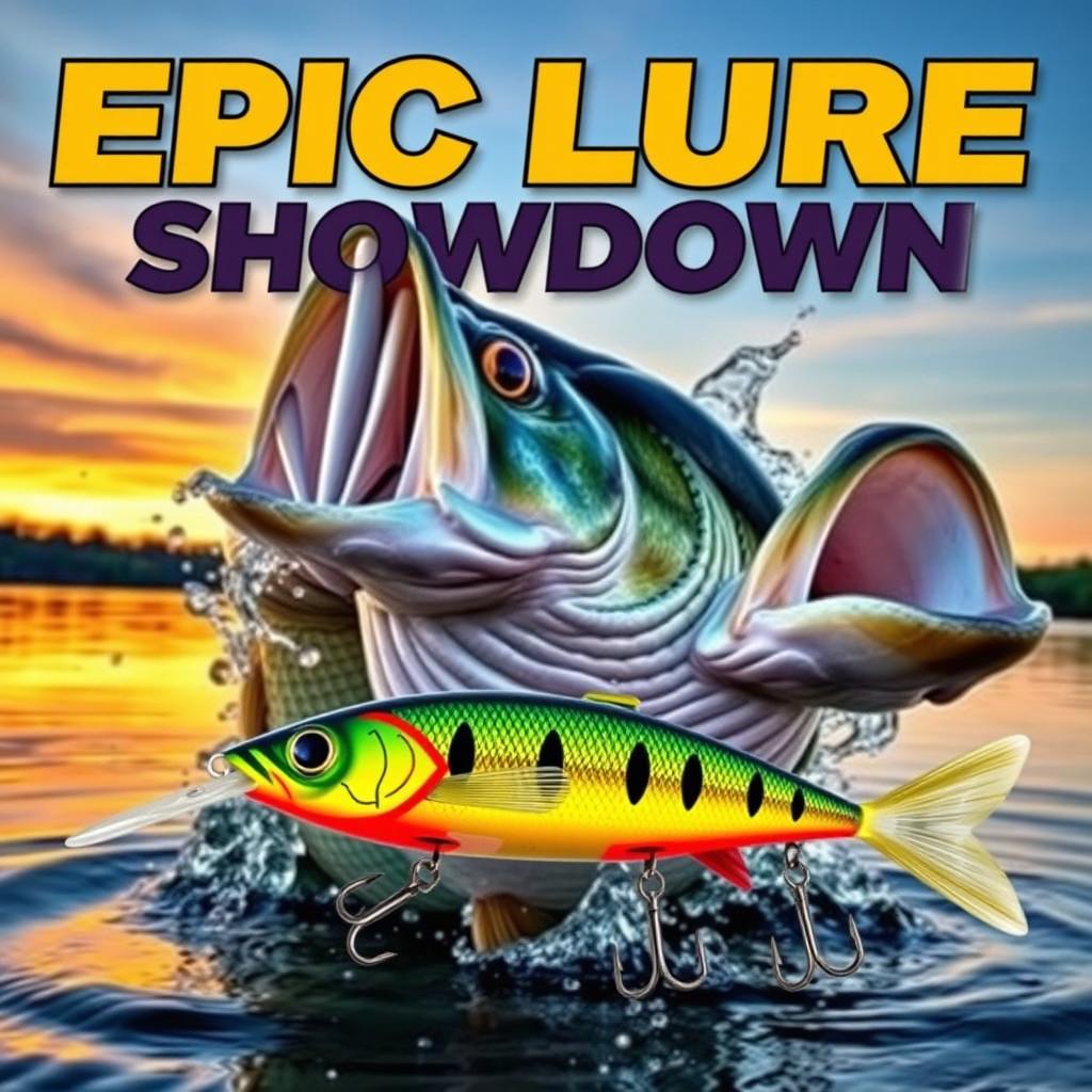 A dynamic and captivating thumbnail featuring a big, realistic bass fish emerging from the water, with a Jitterbug lure prominently displayed in front of it