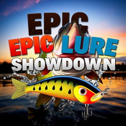 A dynamic and captivating thumbnail featuring a big, realistic bass fish emerging from the water, with a Jitterbug lure prominently displayed in front of it