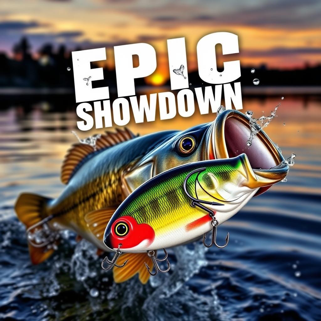 A dynamic and captivating thumbnail featuring a big, realistic bass fish emerging from the water, with a Jitterbug lure prominently displayed in front of it