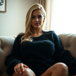 A cozy, intimate portrait of a thin blonde dominatrix with huge breasts, elegantly sitting on a plush sofa