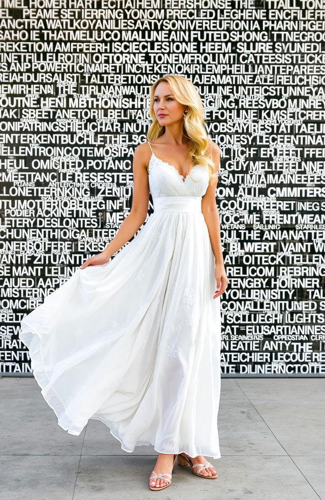 A beautiful blonde lady wearing a flowing white dress, elegantly designed with delicate patterns and accents