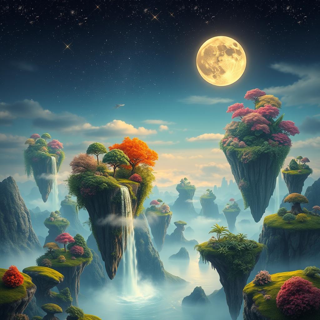 a captivating surreal landscape with floating islands, filled with vibrant foliage and cascading waterfalls, against a twilight sky filled with glowing stars and a large, luminous moon