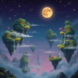 a captivating surreal landscape with floating islands, filled with vibrant foliage and cascading waterfalls, against a twilight sky filled with glowing stars and a large, luminous moon