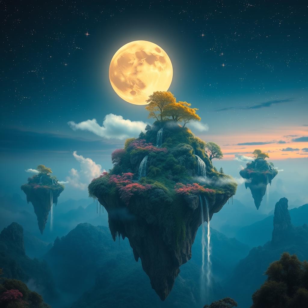 a captivating surreal landscape with floating islands, filled with vibrant foliage and cascading waterfalls, against a twilight sky filled with glowing stars and a large, luminous moon