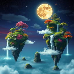 a captivating surreal landscape with floating islands, filled with vibrant foliage and cascading waterfalls, against a twilight sky filled with glowing stars and a large, luminous moon