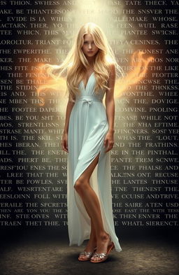 an enchanting mysterious blonde lady with long flowing hair is wearing an elegant white dress and silver flat sandals, surrounded by a captivating wall of words that seem to magically float around her, casting a spellbinding aura