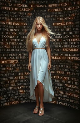 an enchanting mysterious blonde lady with long flowing hair is wearing an elegant white dress and silver flat sandals, surrounded by a captivating wall of words that seem to magically float around her, casting a spellbinding aura