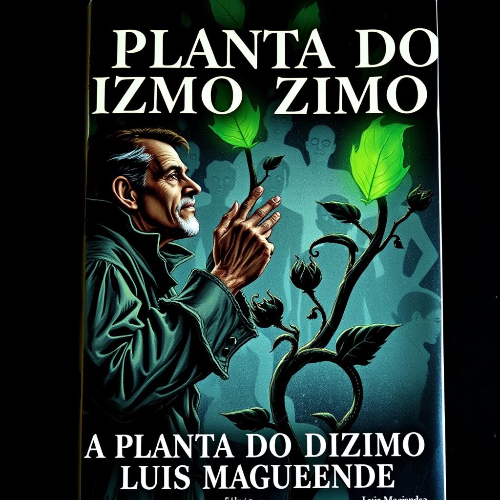 Book cover illustrating a man obsessively admiring a mystical, mysterious plant with dark, ominous leaves