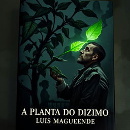 Book cover illustrating a man obsessively admiring a mystical, mysterious plant with dark, ominous leaves