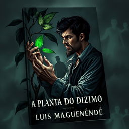 Book cover illustrating a man obsessively admiring a mystical, mysterious plant with dark, ominous leaves